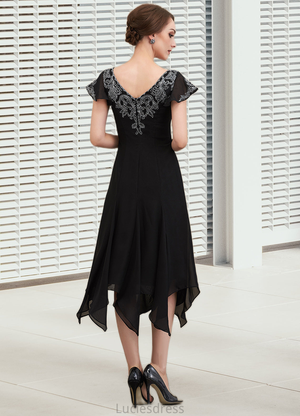 Zoe A-Line V-neck Tea-Length Chiffon Lace Mother of the Bride Dress With Sequins HF126P0014967