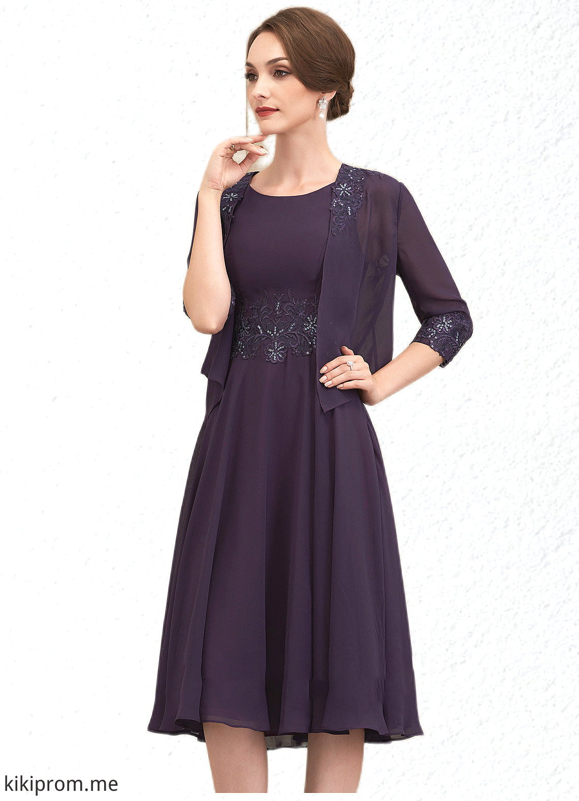 Irene A-Line Scoop Neck Knee-Length Chiffon Lace Mother of the Bride Dress With Sequins STF126P0014968