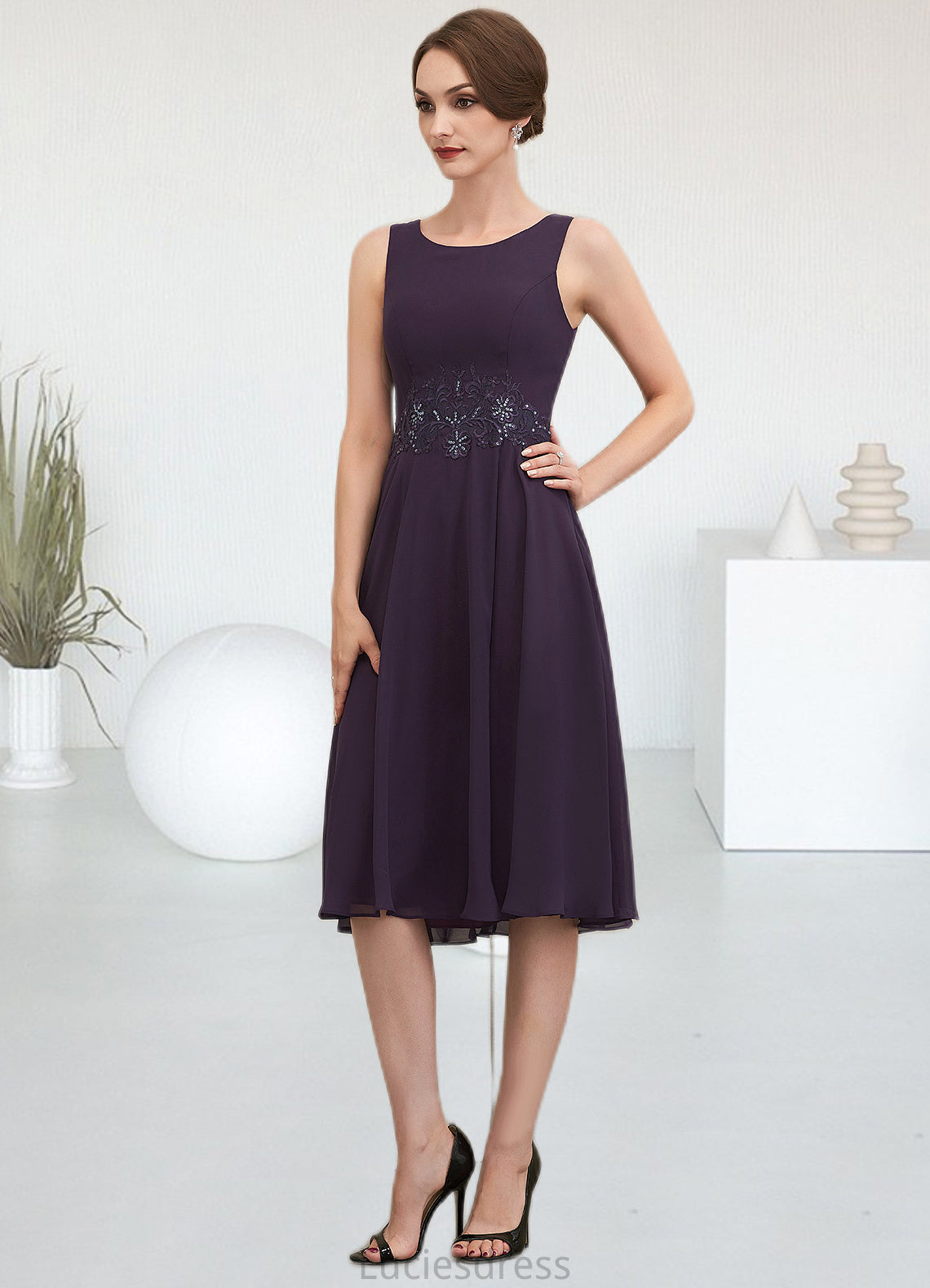 Helga A-Line Scoop Neck Knee-Length Chiffon Lace Mother of the Bride Dress With Sequins HF126P0014968