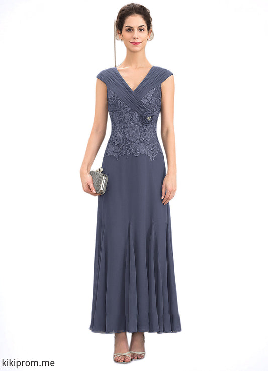 Jakayla A-Line V-neck Ankle-Length Chiffon Lace Mother of the Bride Dress With Ruffle Beading STF126P0014971