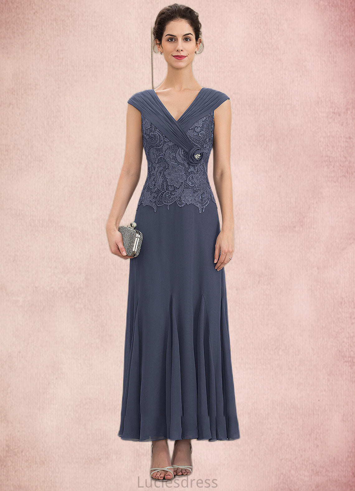 Hadassah A-Line V-neck Ankle-Length Chiffon Lace Mother of the Bride Dress With Ruffle Beading HF126P0014971