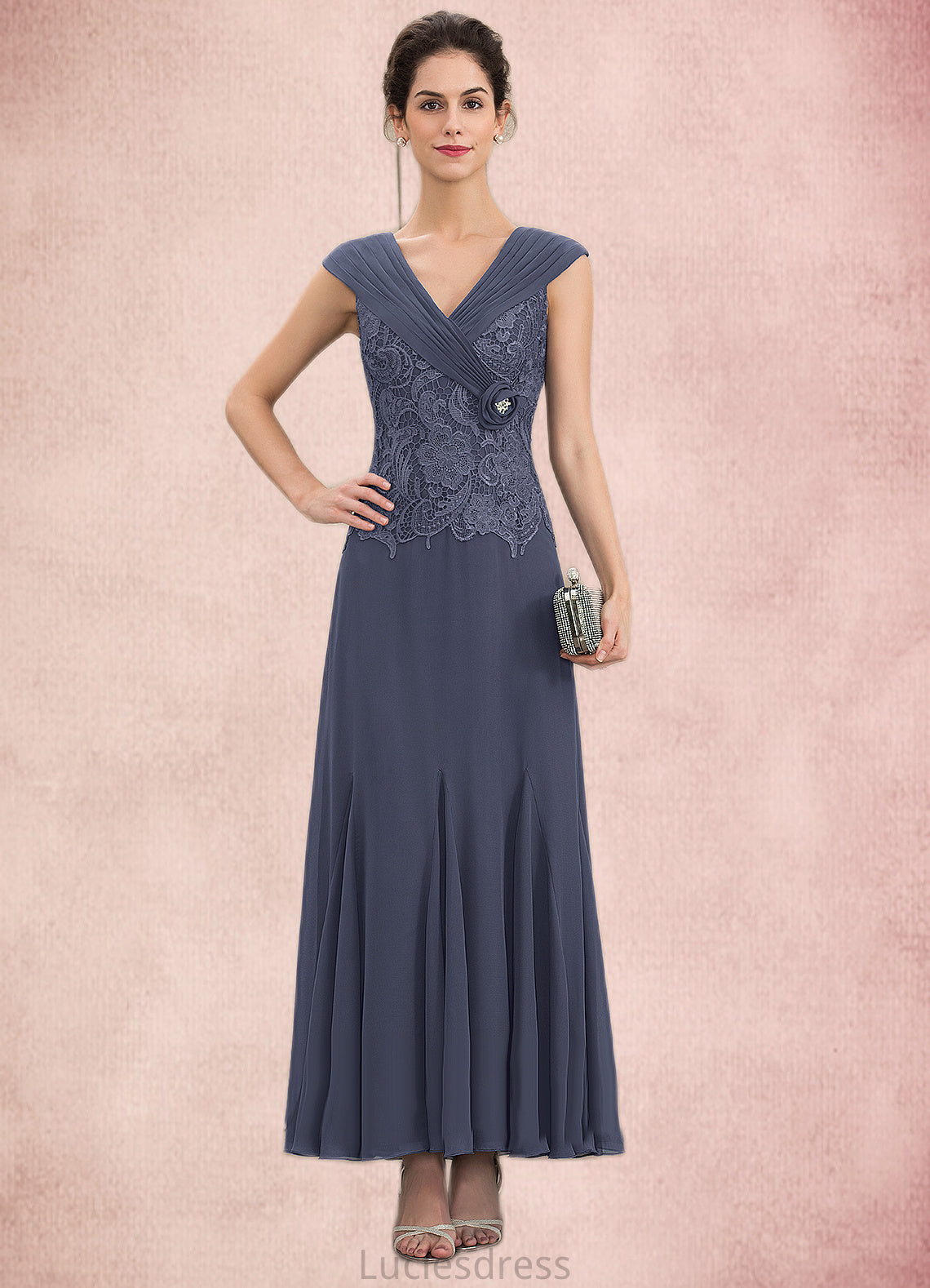 Hadassah A-Line V-neck Ankle-Length Chiffon Lace Mother of the Bride Dress With Ruffle Beading HF126P0014971