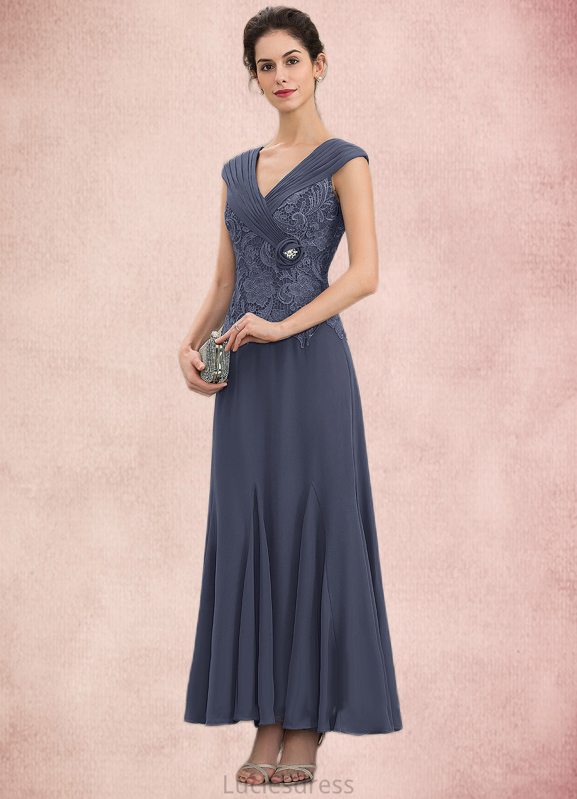 Hadassah A-Line V-neck Ankle-Length Chiffon Lace Mother of the Bride Dress With Ruffle Beading HF126P0014971