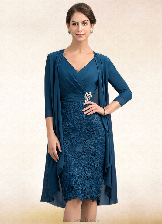 Claire Sheath/Column V-neck Knee-Length Chiffon Lace Mother of the Bride Dress With Crystal Brooch HF126P0014972