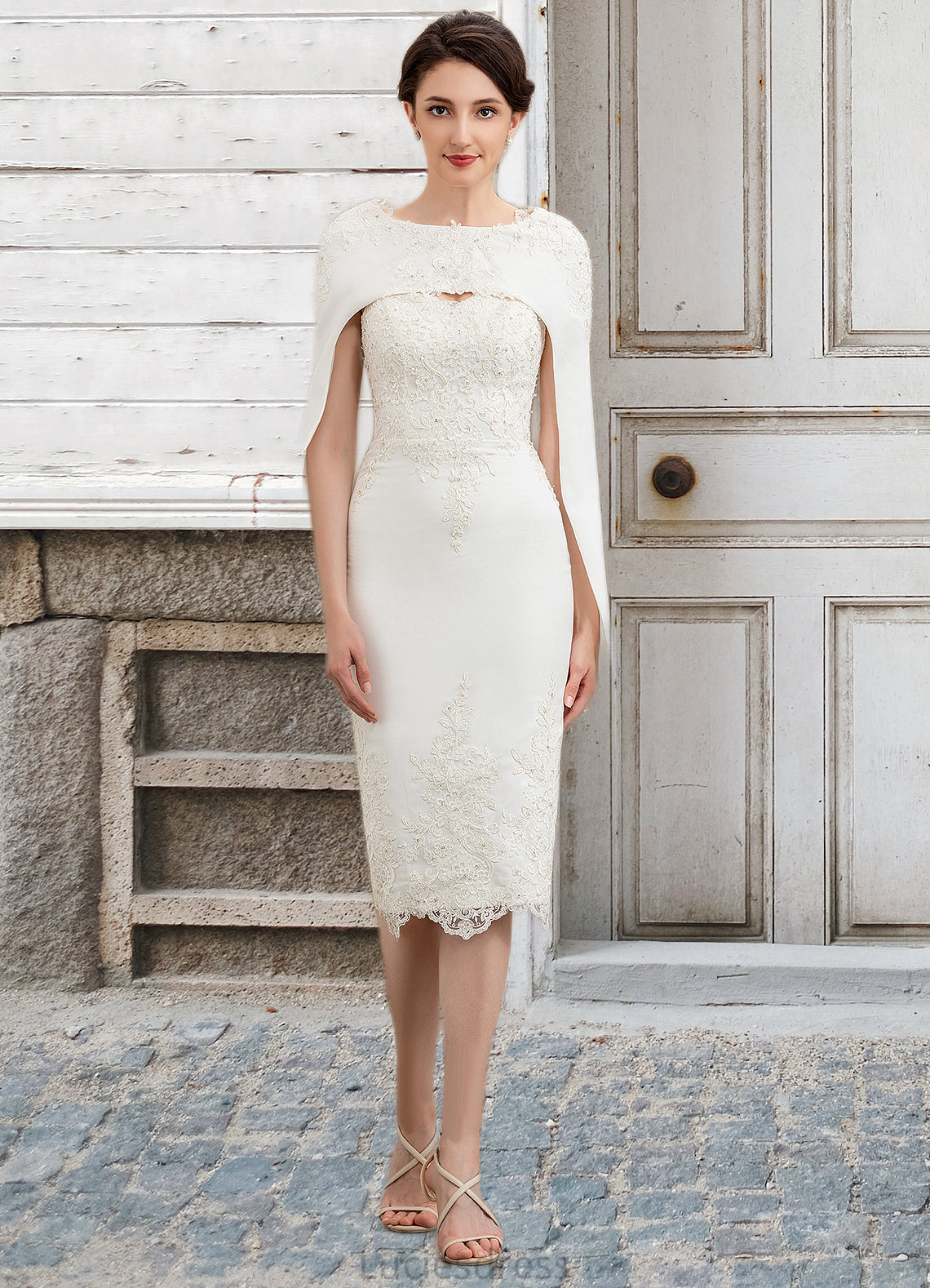 Janey Sheath/Column Sweetheart Knee-Length Lace Stretch Crepe Mother of the Bride Dress With Beading HF126P0014973