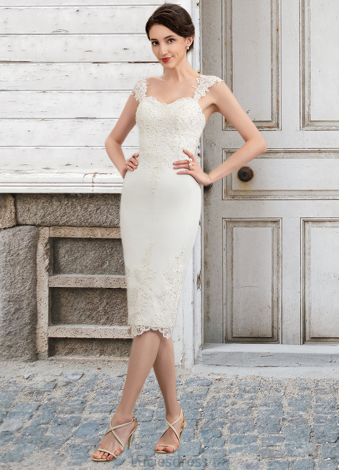 Janey Sheath/Column Sweetheart Knee-Length Lace Stretch Crepe Mother of the Bride Dress With Beading HF126P0014973