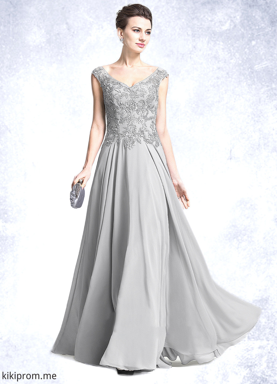 Victoria A-Line V-neck Floor-Length Chiffon Mother of the Bride Dress With Appliques Lace STF126P0014974