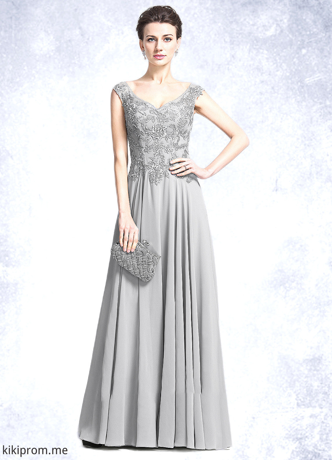 Victoria A-Line V-neck Floor-Length Chiffon Mother of the Bride Dress With Appliques Lace STF126P0014974