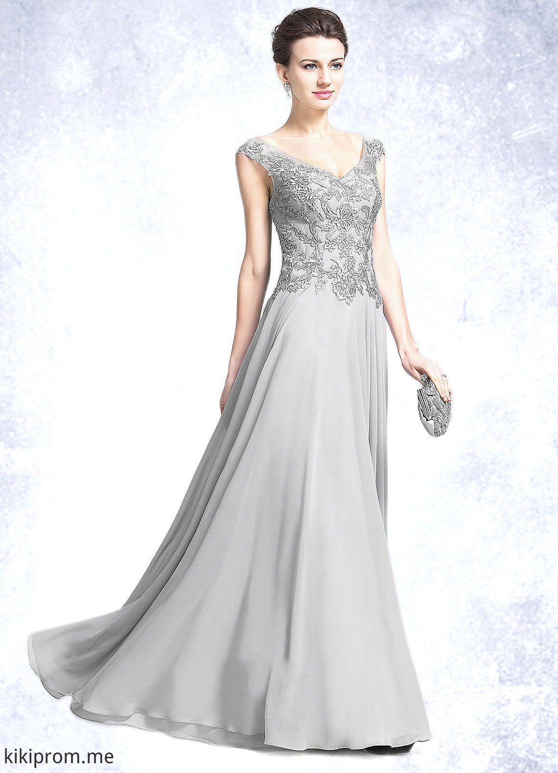 Victoria A-Line V-neck Floor-Length Chiffon Mother of the Bride Dress With Appliques Lace STF126P0014974