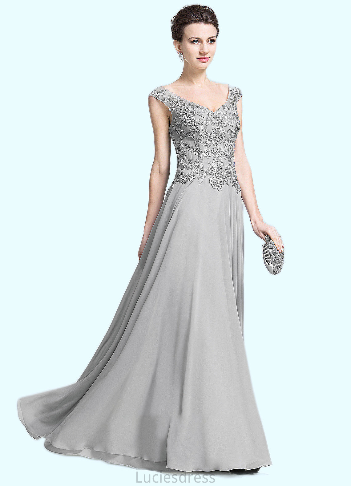 Ana A-Line V-neck Floor-Length Chiffon Mother of the Bride Dress With Appliques Lace HF126P0014974