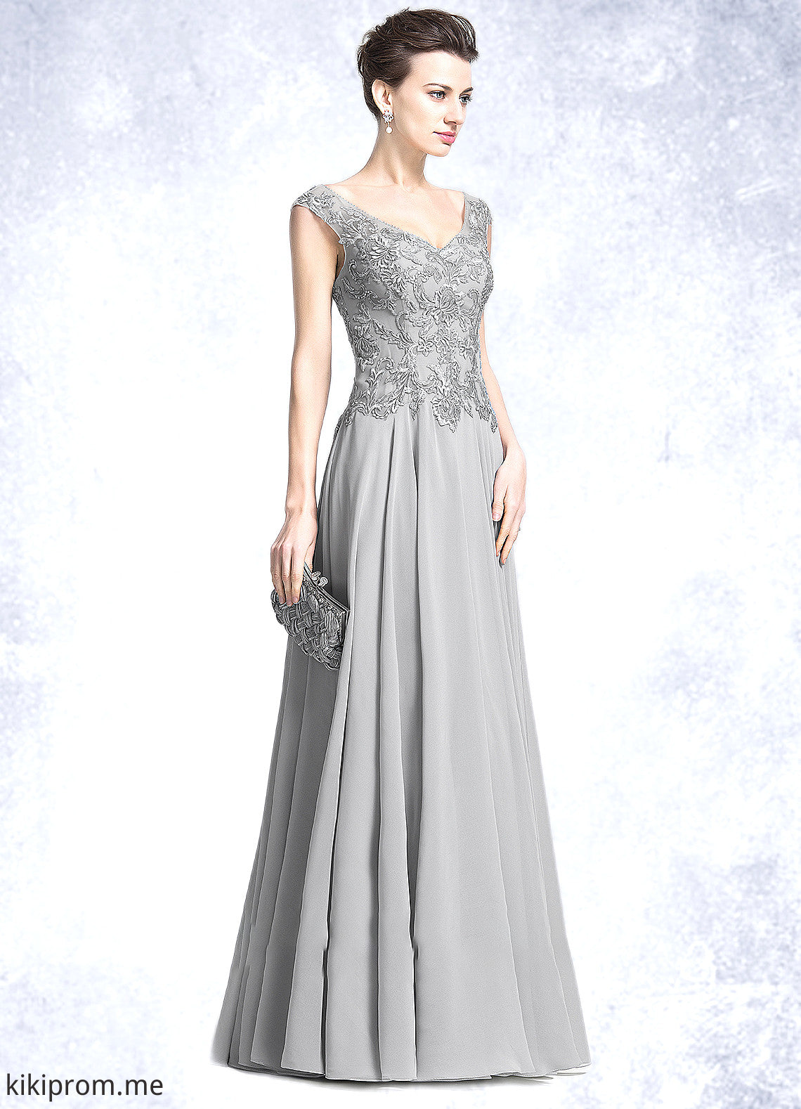 Victoria A-Line V-neck Floor-Length Chiffon Mother of the Bride Dress With Appliques Lace STF126P0014974