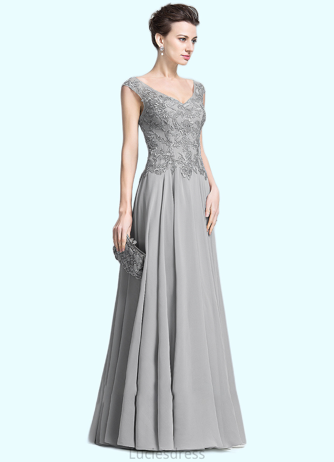 Ana A-Line V-neck Floor-Length Chiffon Mother of the Bride Dress With Appliques Lace HF126P0014974