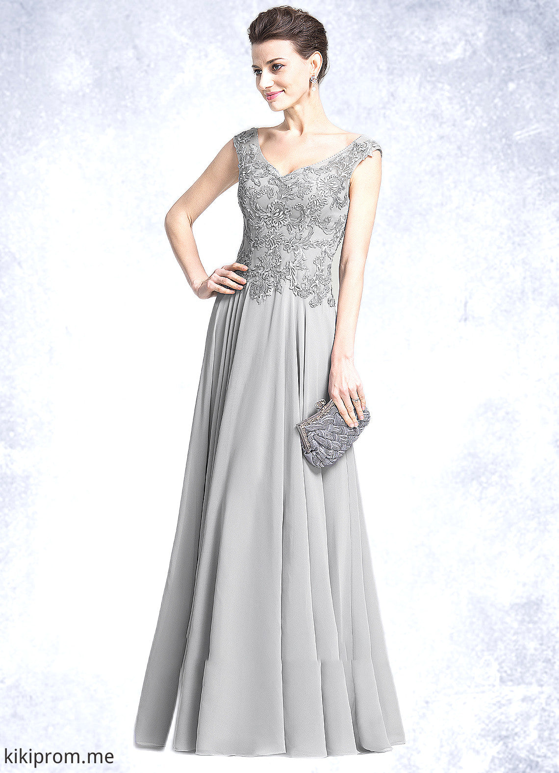 Victoria A-Line V-neck Floor-Length Chiffon Mother of the Bride Dress With Appliques Lace STF126P0014974