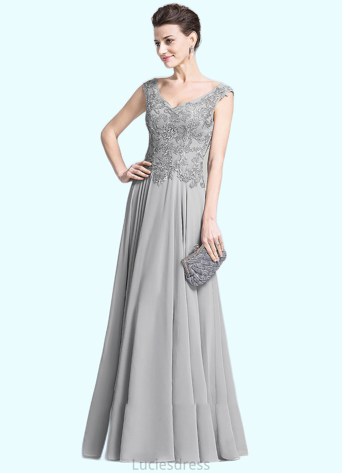 Ana A-Line V-neck Floor-Length Chiffon Mother of the Bride Dress With Appliques Lace HF126P0014974