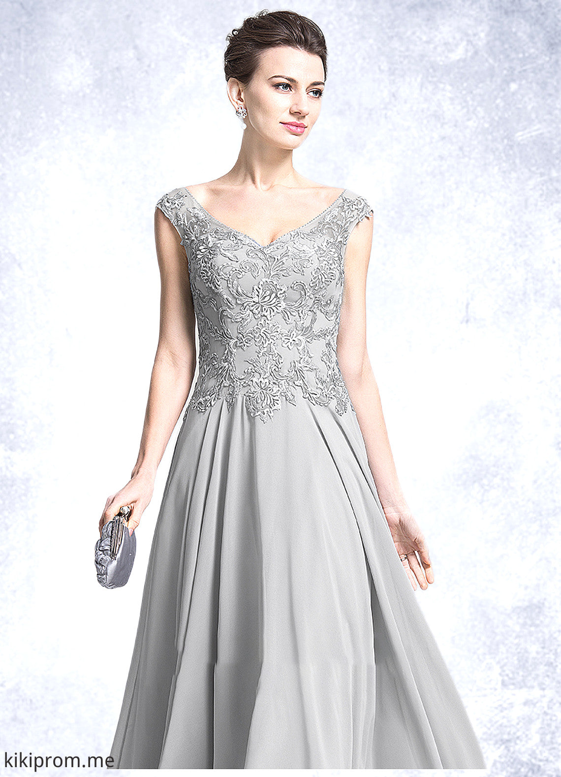 Victoria A-Line V-neck Floor-Length Chiffon Mother of the Bride Dress With Appliques Lace STF126P0014974