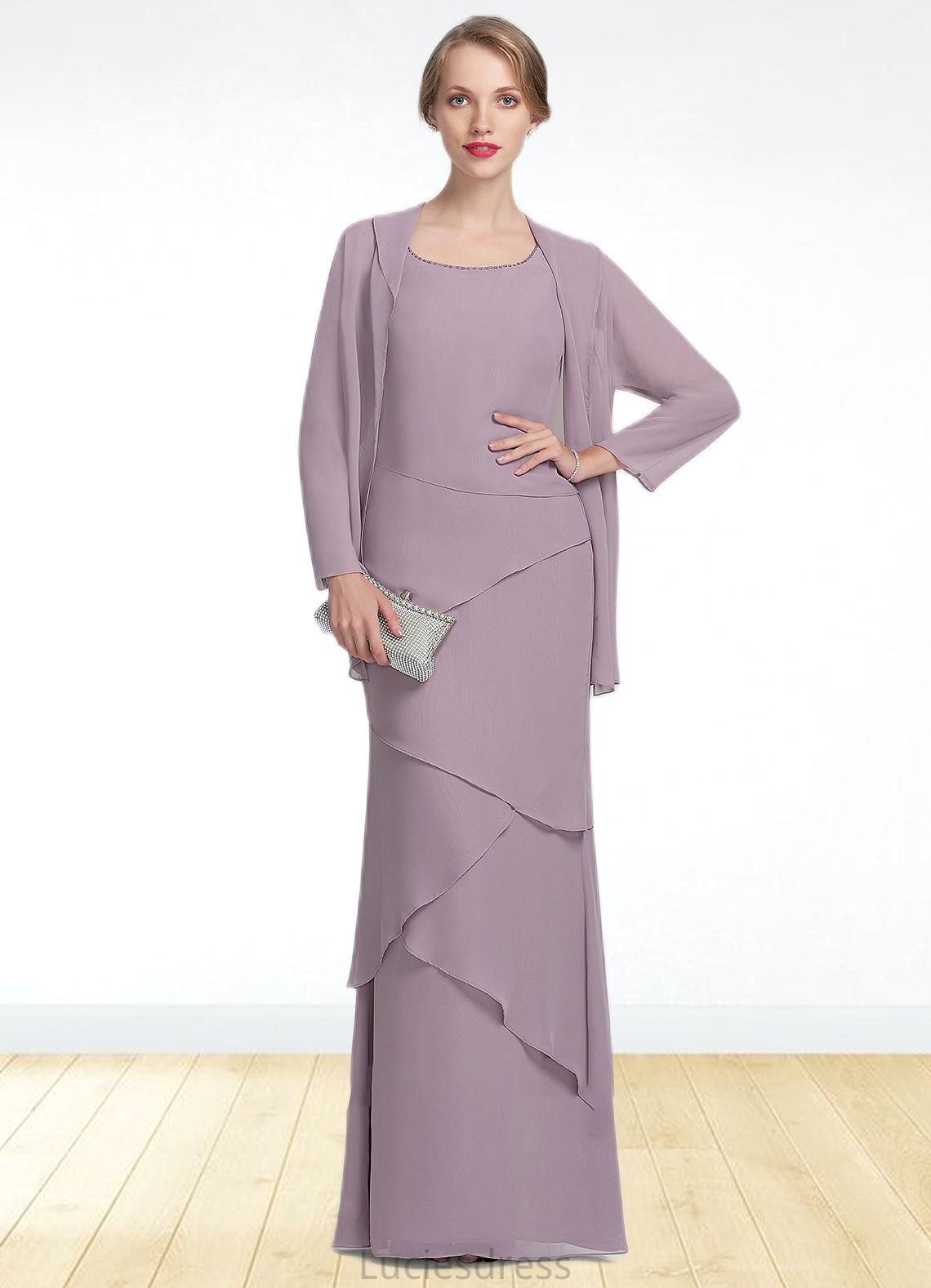 Violet Sheath/Column Scoop Neck Floor-Length Chiffon Mother of the Bride Dress With Beading Cascading Ruffles HF126P0014975