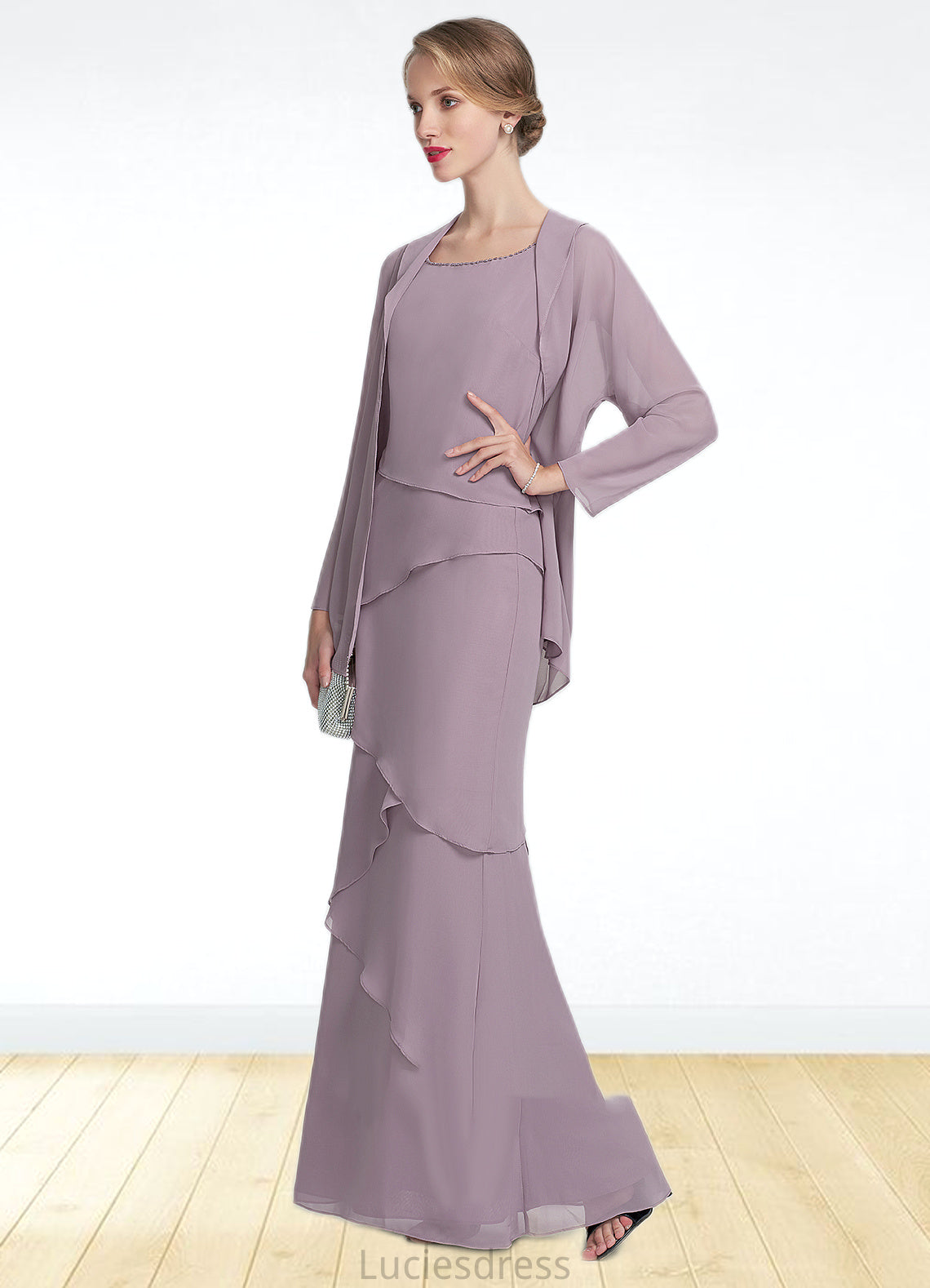 Violet Sheath/Column Scoop Neck Floor-Length Chiffon Mother of the Bride Dress With Beading Cascading Ruffles HF126P0014975