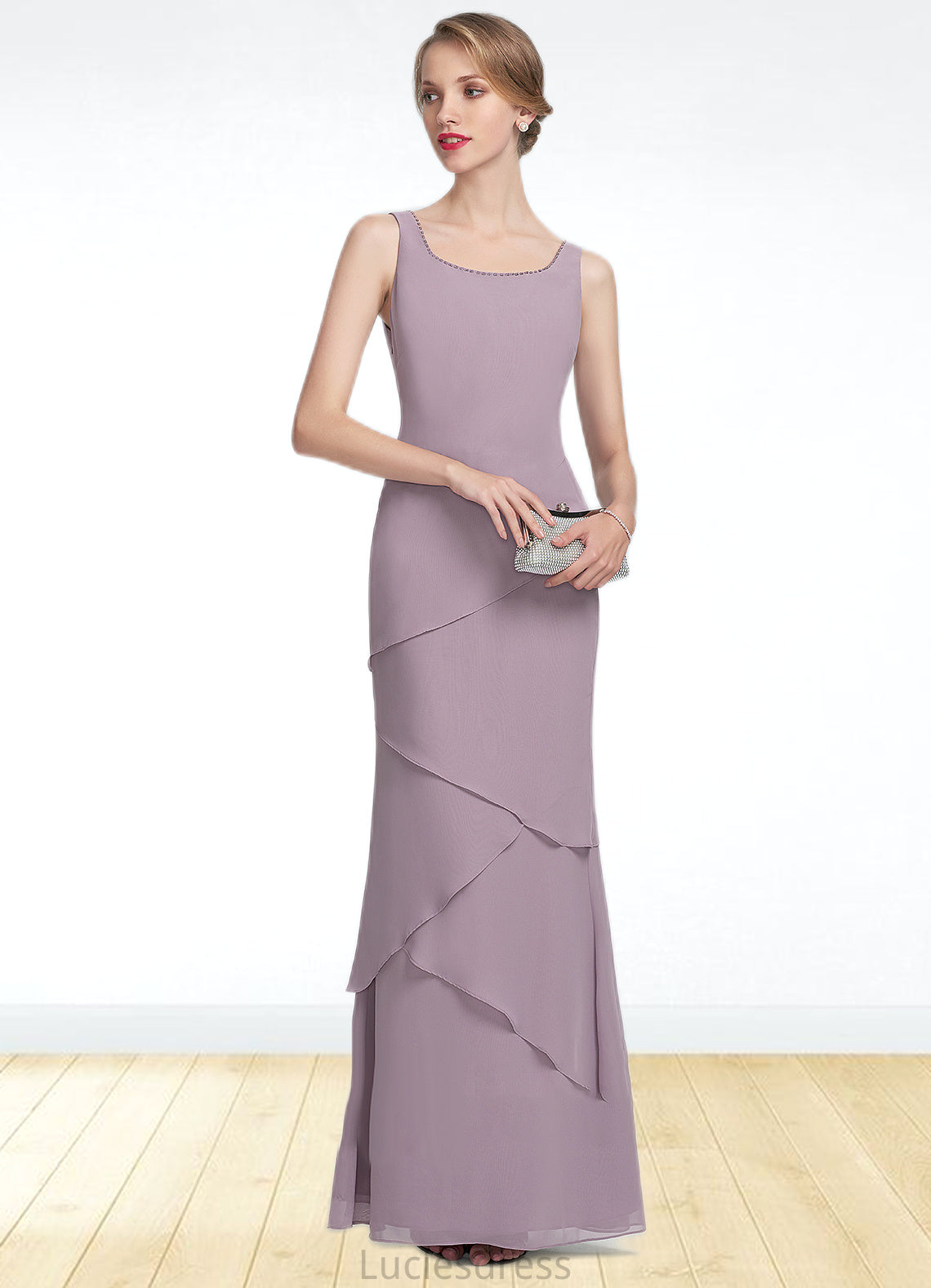 Violet Sheath/Column Scoop Neck Floor-Length Chiffon Mother of the Bride Dress With Beading Cascading Ruffles HF126P0014975