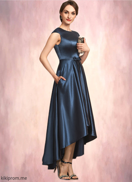 Hazel A-Line Scoop Neck Asymmetrical Satin Mother of the Bride Dress With Bow(s) Pockets STF126P0014976