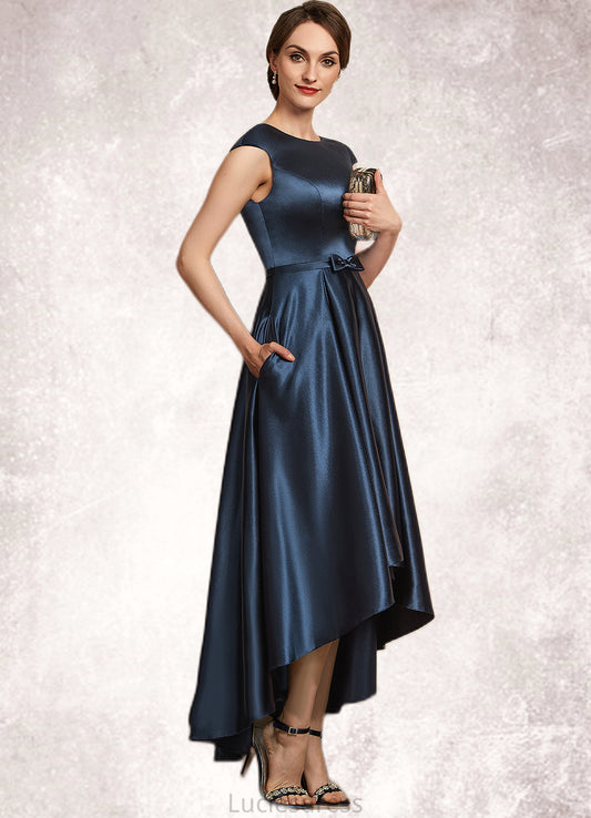 Evelyn A-Line Scoop Neck Asymmetrical Satin Mother of the Bride Dress With Bow(s) Pockets HF126P0014976