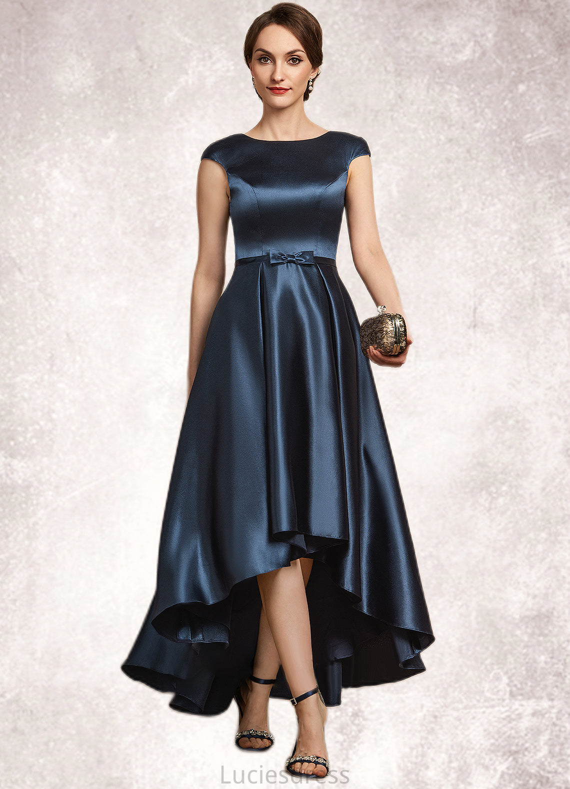 Evelyn A-Line Scoop Neck Asymmetrical Satin Mother of the Bride Dress With Bow(s) Pockets HF126P0014976