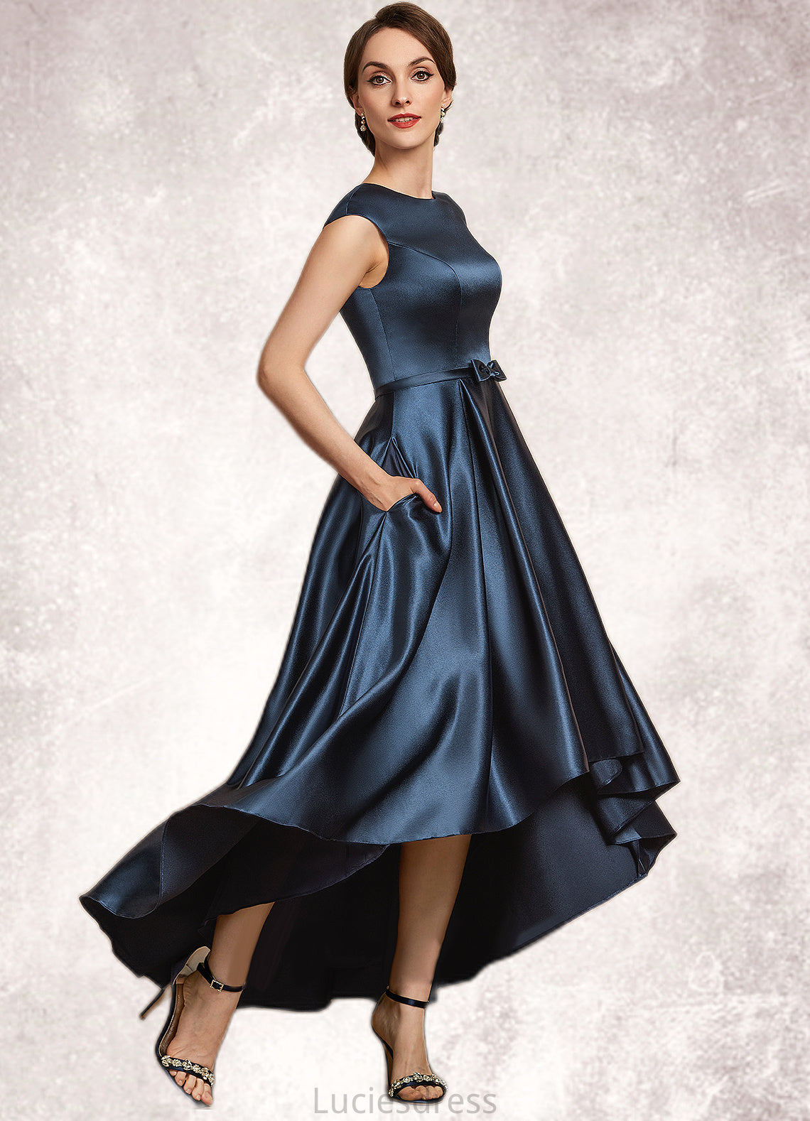 Evelyn A-Line Scoop Neck Asymmetrical Satin Mother of the Bride Dress With Bow(s) Pockets HF126P0014976