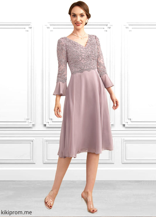 Sofia A-Line V-neck Knee-Length Chiffon Lace Mother of the Bride Dress With Sequins Cascading Ruffles STF126P0014977