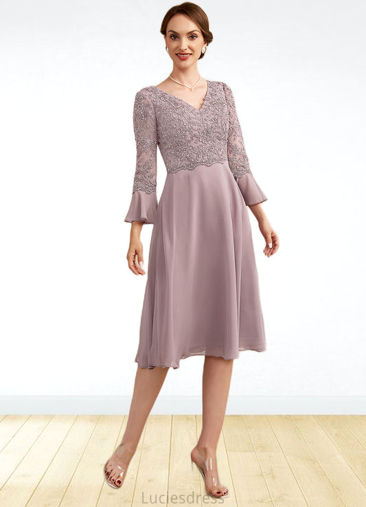 Clara A-Line V-neck Knee-Length Chiffon Lace Mother of the Bride Dress With Sequins Cascading Ruffles HF126P0014977