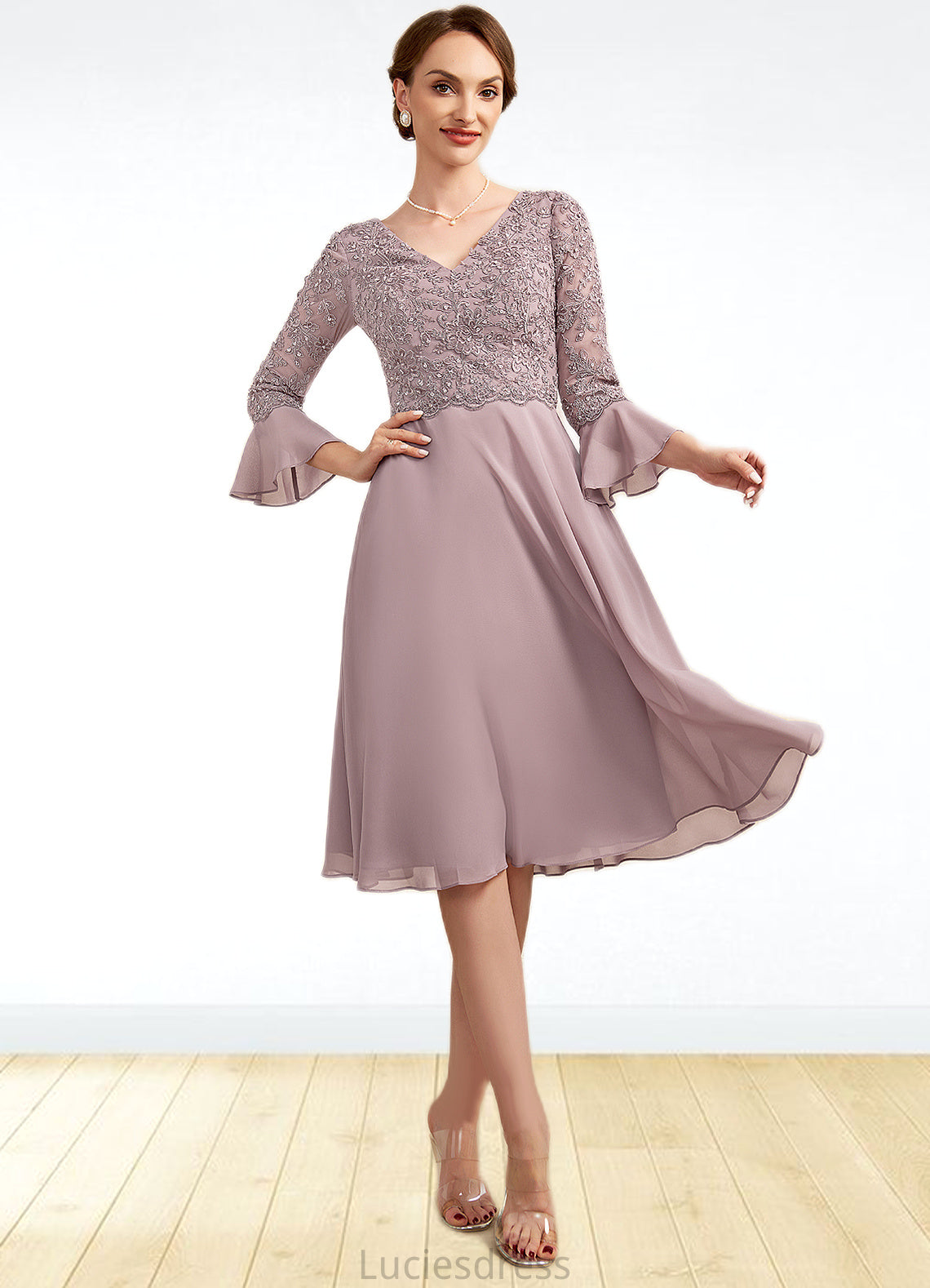 Clara A-Line V-neck Knee-Length Chiffon Lace Mother of the Bride Dress With Sequins Cascading Ruffles HF126P0014977