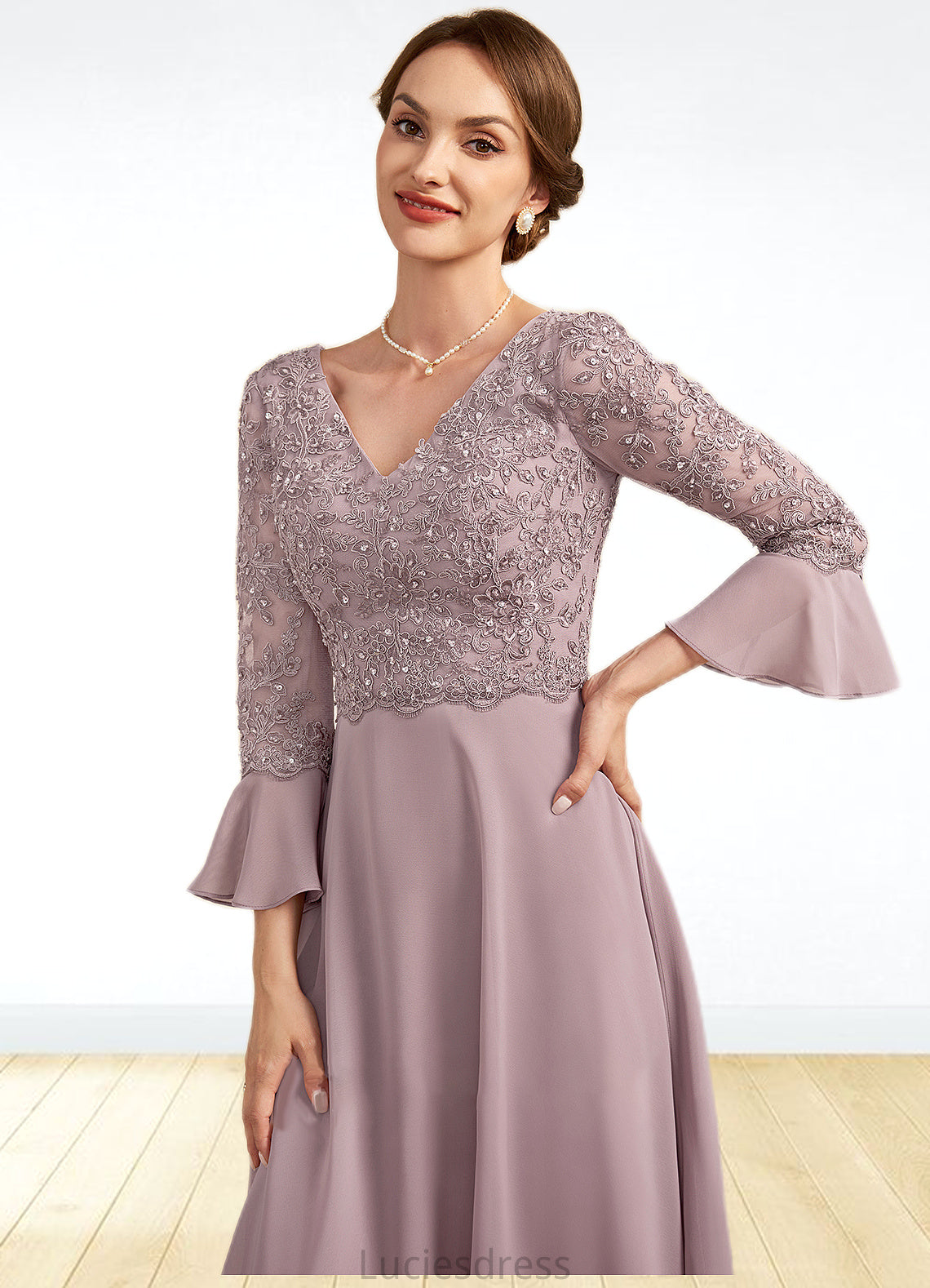 Clara A-Line V-neck Knee-Length Chiffon Lace Mother of the Bride Dress With Sequins Cascading Ruffles HF126P0014977