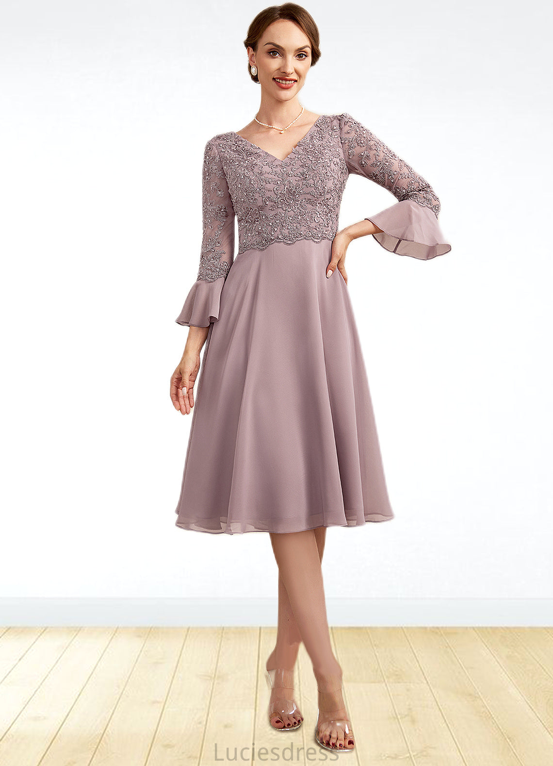 Clara A-Line V-neck Knee-Length Chiffon Lace Mother of the Bride Dress With Sequins Cascading Ruffles HF126P0014977