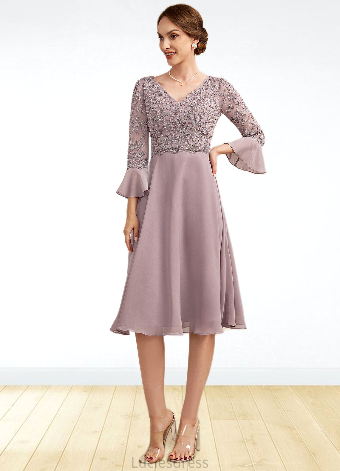 Clara A-Line V-neck Knee-Length Chiffon Lace Mother of the Bride Dress With Sequins Cascading Ruffles HF126P0014977