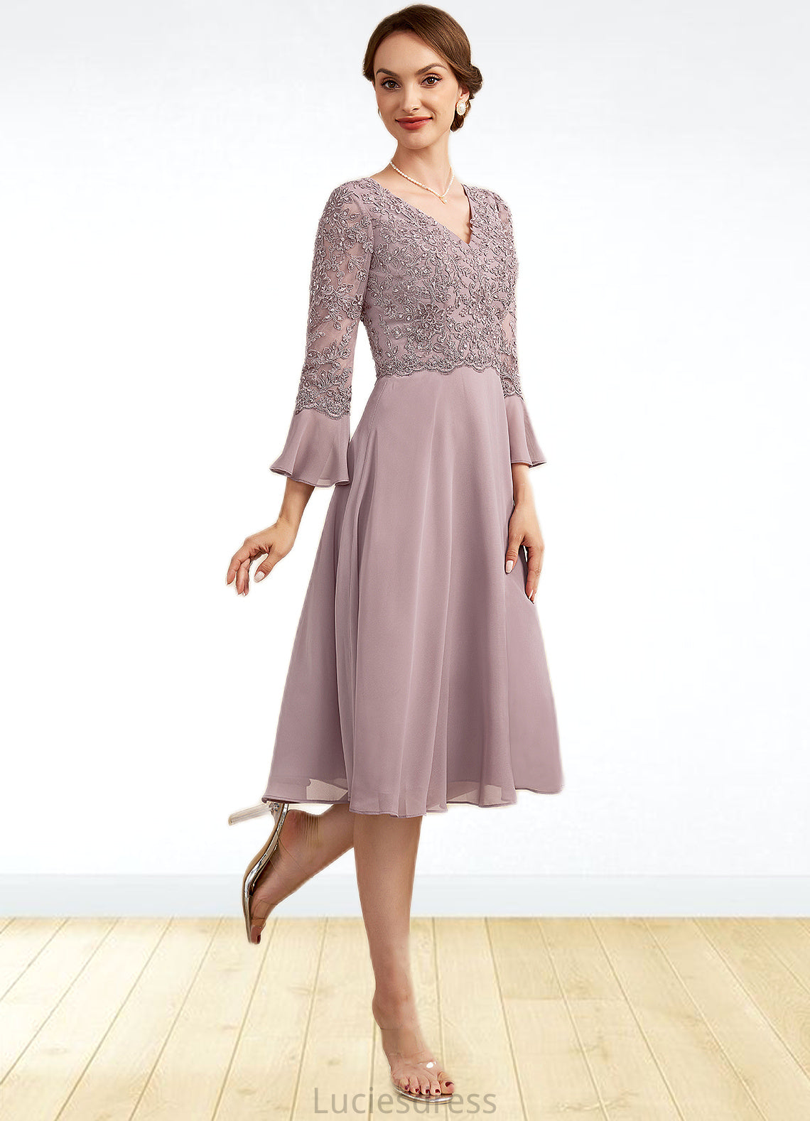 Clara A-Line V-neck Knee-Length Chiffon Lace Mother of the Bride Dress With Sequins Cascading Ruffles HF126P0014977