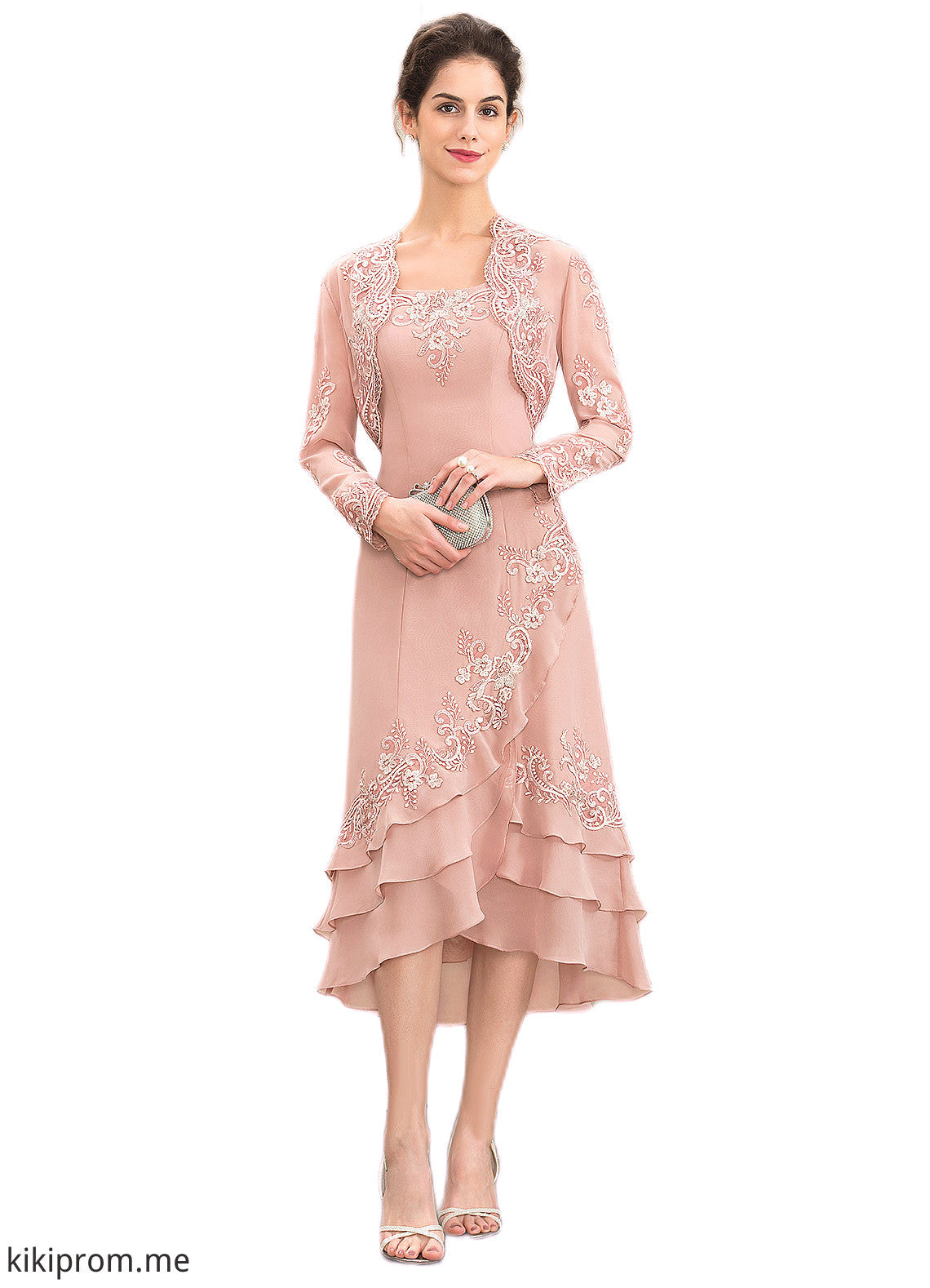 Leah A-Line Square Neckline Asymmetrical Chiffon Mother of the Bride Dress With Appliques Lace Cascading Ruffles STF126P0014978