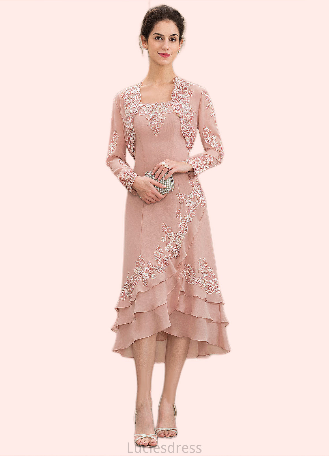 Kyra A-Line Square Neckline Asymmetrical Chiffon Mother of the Bride Dress With Appliques Lace Cascading Ruffles HF126P0014978