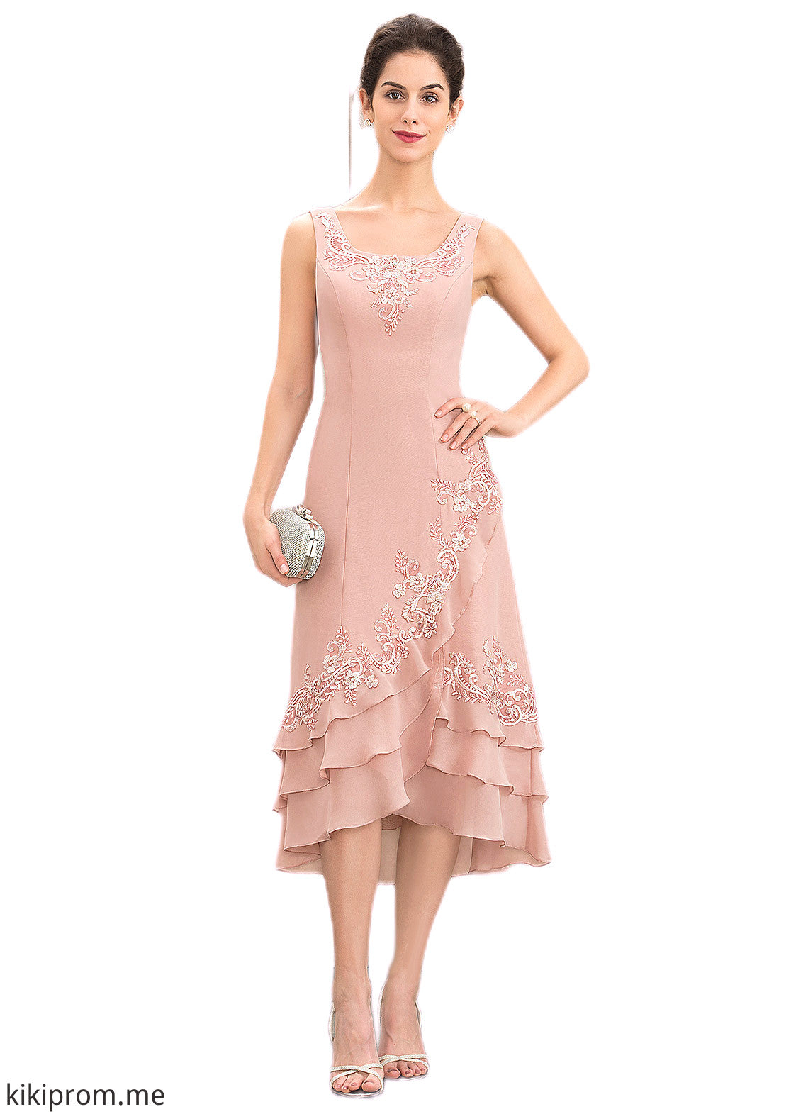 Leah A-Line Square Neckline Asymmetrical Chiffon Mother of the Bride Dress With Appliques Lace Cascading Ruffles STF126P0014978