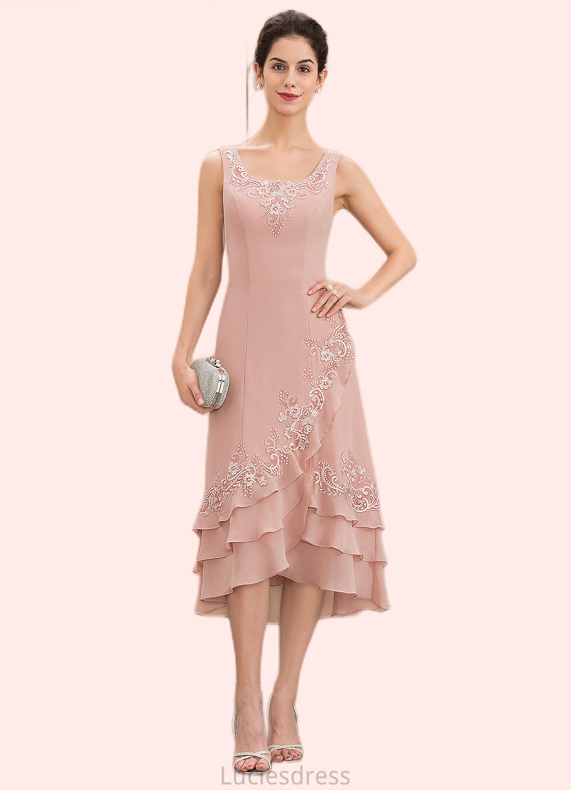 Kyra A-Line Square Neckline Asymmetrical Chiffon Mother of the Bride Dress With Appliques Lace Cascading Ruffles HF126P0014978