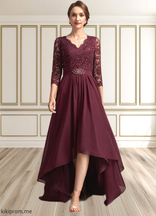 Kitty A-Line V-neck Asymmetrical Chiffon Lace Mother of the Bride Dress With Beading Sequins STF126P0014980