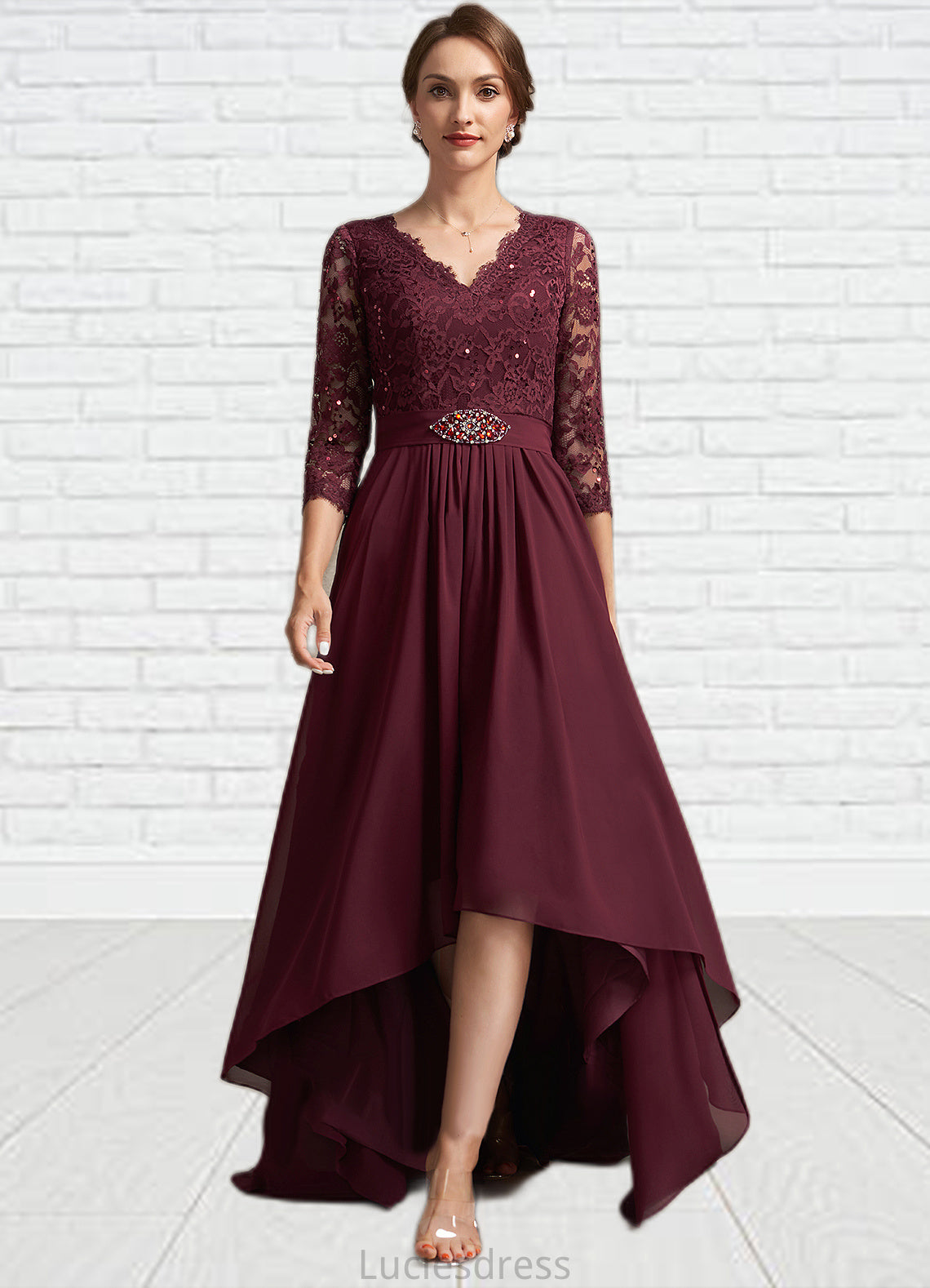 Aryanna A-Line V-neck Asymmetrical Chiffon Lace Mother of the Bride Dress With Beading Sequins HF126P0014980