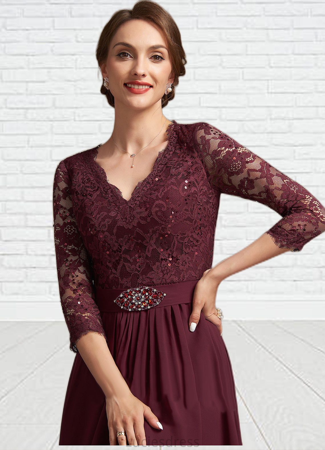 Aryanna A-Line V-neck Asymmetrical Chiffon Lace Mother of the Bride Dress With Beading Sequins HF126P0014980