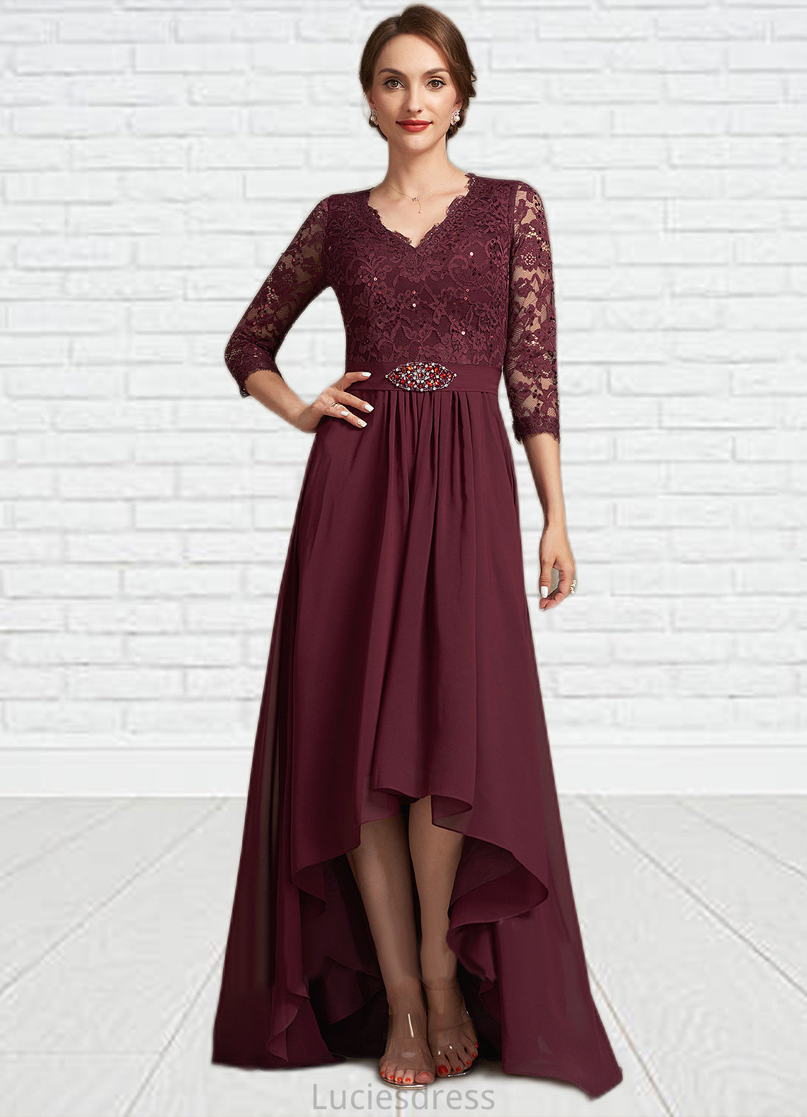 Aryanna A-Line V-neck Asymmetrical Chiffon Lace Mother of the Bride Dress With Beading Sequins HF126P0014980