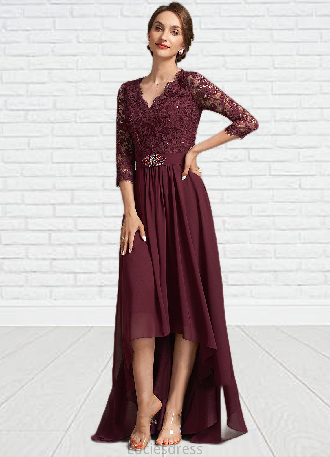 Aryanna A-Line V-neck Asymmetrical Chiffon Lace Mother of the Bride Dress With Beading Sequins HF126P0014980