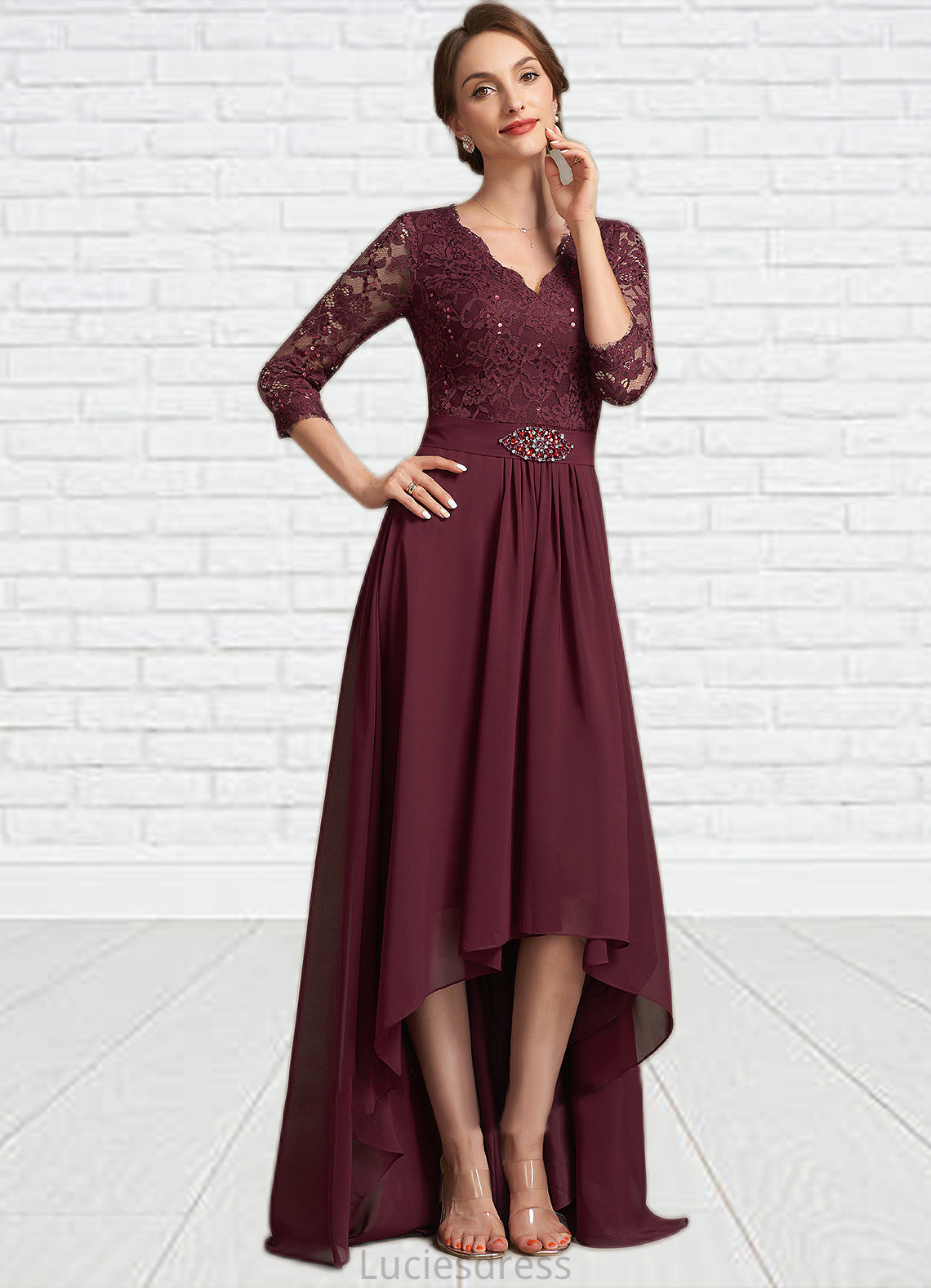 Aryanna A-Line V-neck Asymmetrical Chiffon Lace Mother of the Bride Dress With Beading Sequins HF126P0014980