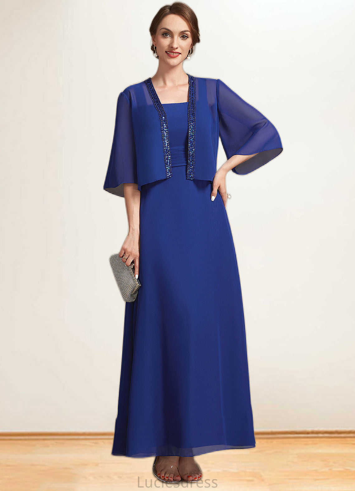 Clara A-Line Square Neckline Ankle-Length Chiffon Mother of the Bride Dress With Ruffle HF126P0014982