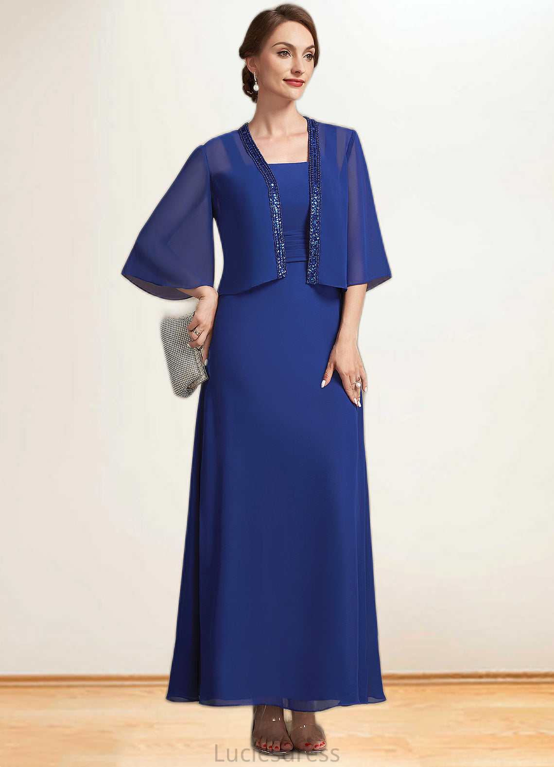 Clara A-Line Square Neckline Ankle-Length Chiffon Mother of the Bride Dress With Ruffle HF126P0014982