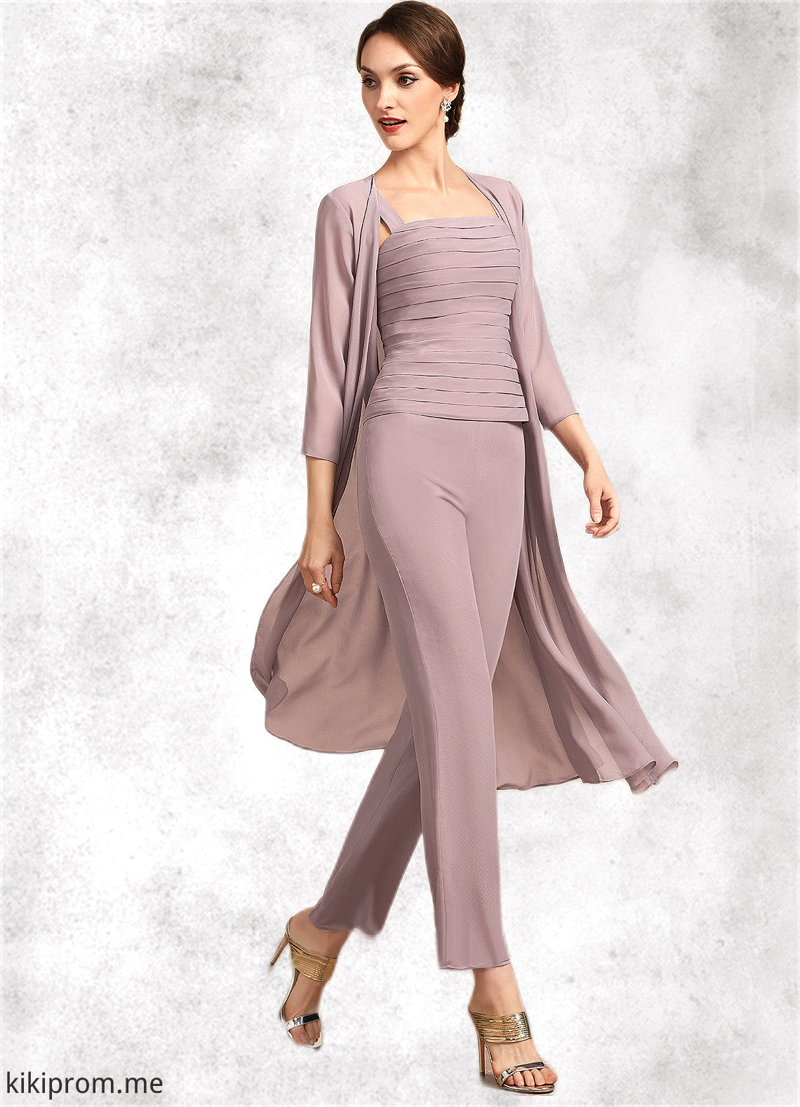 Lilia Jumpsuit/Pantsuit Square Neckline Ankle-Length Chiffon Mother of the Bride Dress With Ruffle STF126P0014984