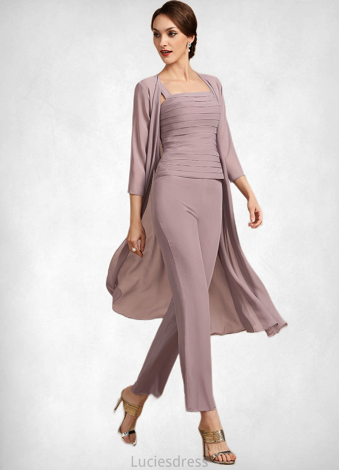 Caitlyn Jumpsuit/Pantsuit Square Neckline Ankle-Length Chiffon Mother of the Bride Dress With Ruffle HF126P0014984