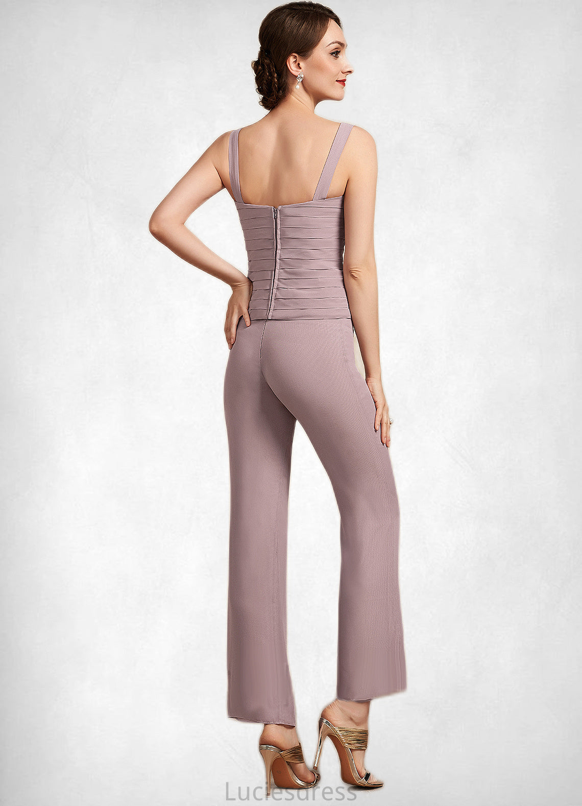 Caitlyn Jumpsuit/Pantsuit Square Neckline Ankle-Length Chiffon Mother of the Bride Dress With Ruffle HF126P0014984