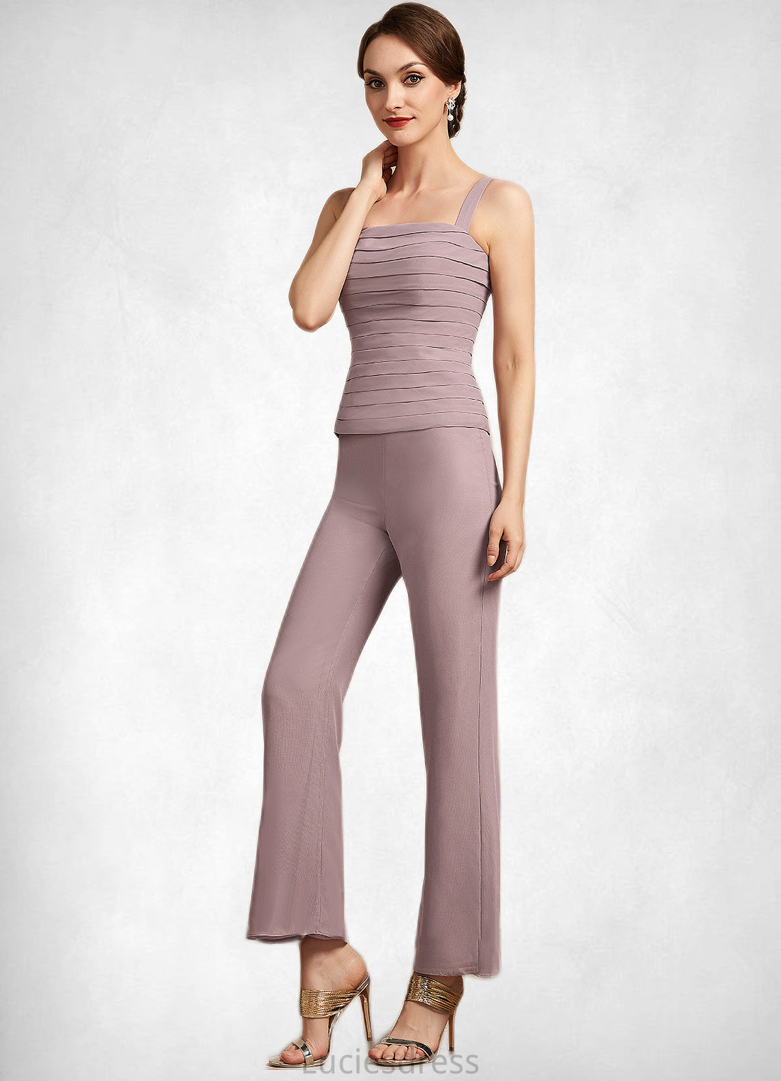 Caitlyn Jumpsuit/Pantsuit Square Neckline Ankle-Length Chiffon Mother of the Bride Dress With Ruffle HF126P0014984