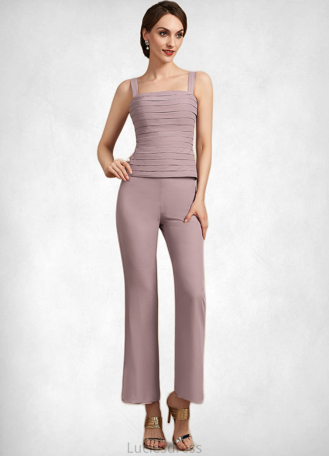 Caitlyn Jumpsuit/Pantsuit Square Neckline Ankle-Length Chiffon Mother of the Bride Dress With Ruffle HF126P0014984